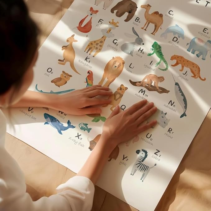 OZCONO Animal Alphabet Learning Poster, Vibrant ABC Wildlife Chart Kids, Playroom Wall Decor Art, Homeschool Education Guide (Unframed) (9x11)