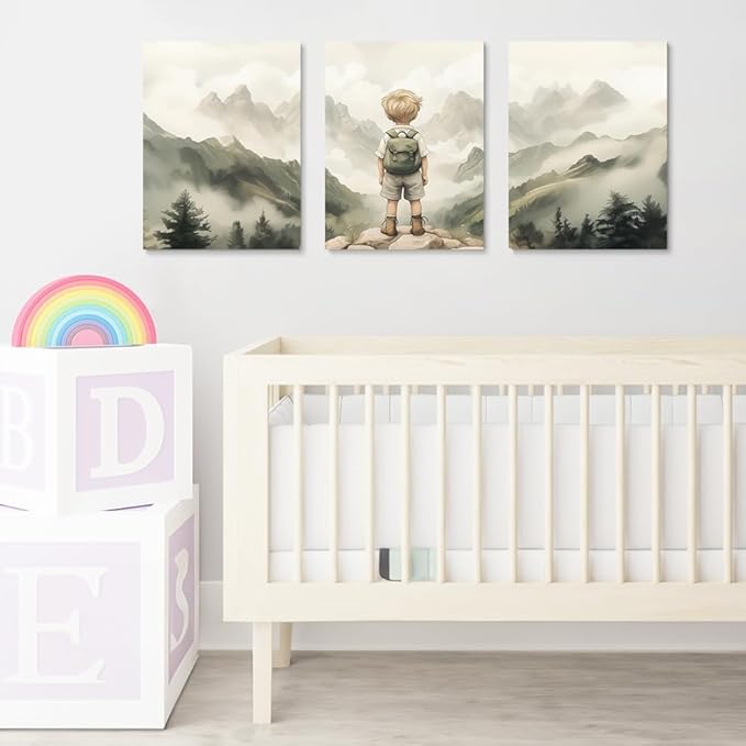 3-Piece Adventure Boy Nursery Wall Art | Mountain & Woodland Canvas Decor for Toddler Room, Adventure Kids Room Nursery Wall Decor, Framed Canvas Set, 16"x24"