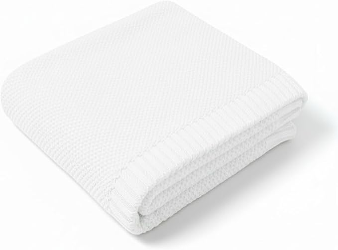 Baby Knit Blanket Soft Cotton Lightweight Newborn Blanket for Crib Stroller Toddler Nursery Shower Gift Cozy Breathable Travel Swaddle Wrap White 30 x 30 Inches