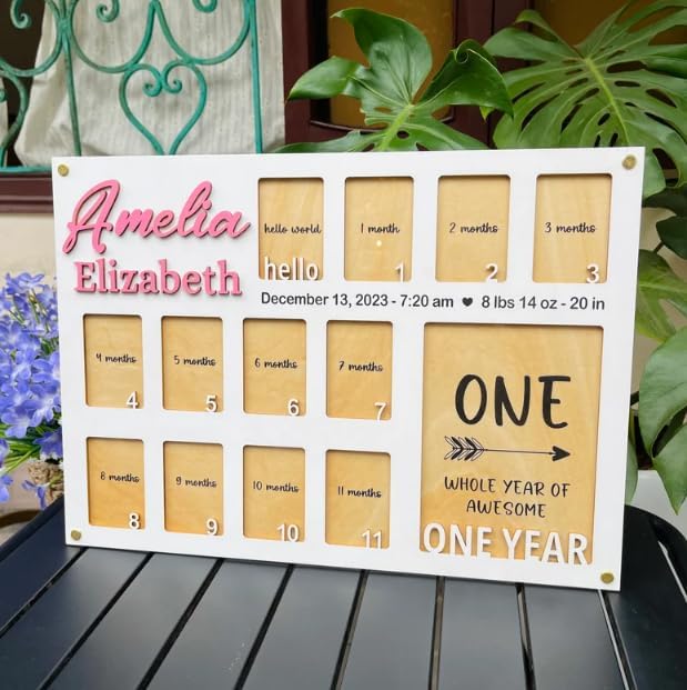 Personalized 1st Birthday Picture Frame – Wooden My First Year Photo Board for Baby Girl, Custom Picture Frame Keepsake, One Year Old Birthday Decorations, Photo Display Board