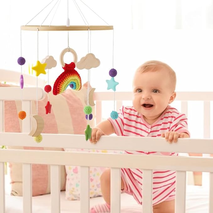 Baby Crib Mobile | Baby Nursery Mobile for Baby Girls and Boys | Boho Nursery Decor | Detachable Crochet Rainbow Design Baby Mobile for Crib | Infant Bed Decoration Toy Hanging(Crochet Rainbow)
