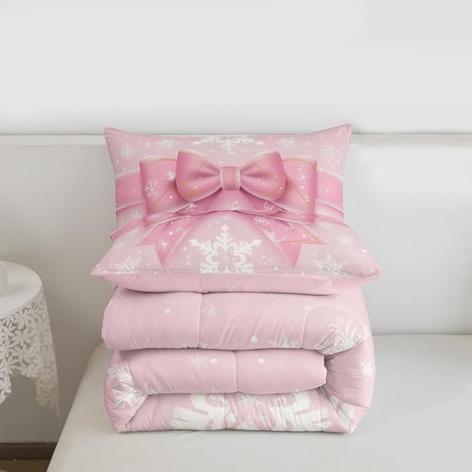 Feelyou Pink Bow Comforter Set All Season Coquette Bow Knot Bedding Set with 2 Pillow Cases Xmas Snowflake Kids King Bedclothes Cute Dreamy Princess Style Decor Christmas Duvet Quilt Soft Lightweight