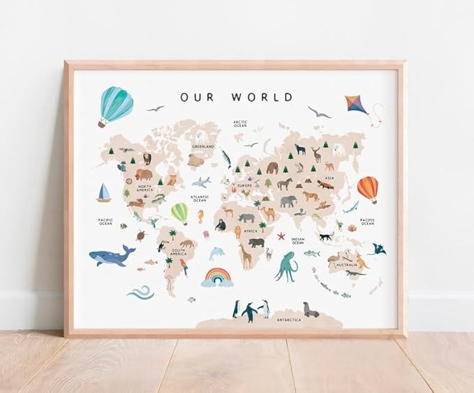 OZCONO Animal World Map Poster, Kids Educational Geography Decor, Safari Animals Nursery Art, Montessori Learning Wall Print (Unframed) (20x30)