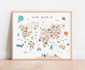 OZCONO Animal World Map Poster, Kids Educational Geography Decor, Safari Animals Nursery Art, Montessori Learning Wall Print (Unframed) (9x11)