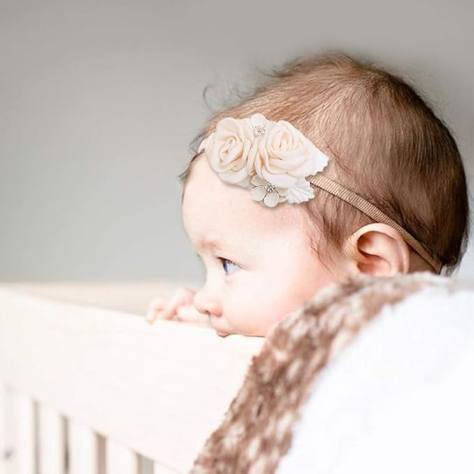 cherrboll 4pcs Baby Girl Headbands Flowers, Super Soft & Stretchy Nylon Floral Hairbands for Newborn Toddler