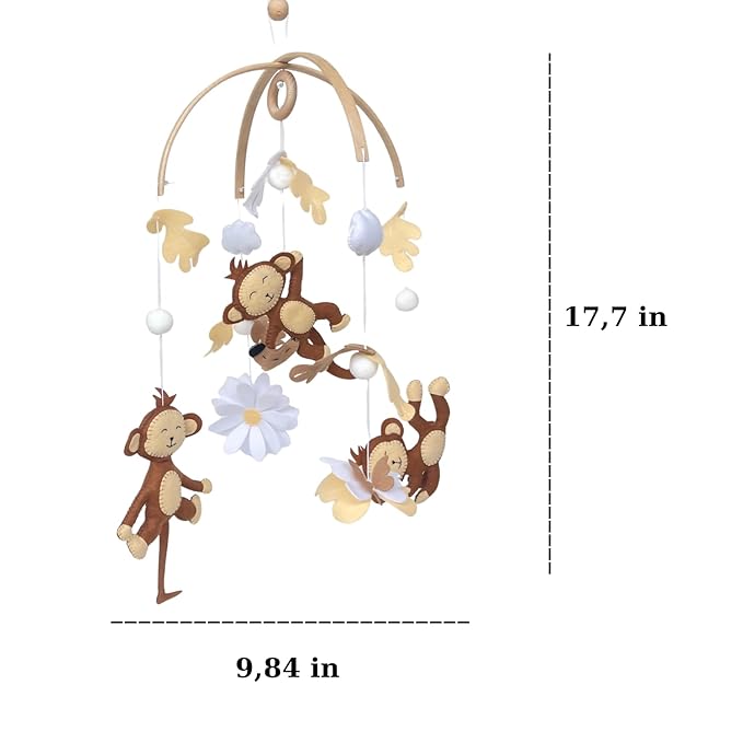 Baby Mobile – Jungle Montessori Monkey Hanging Set, Handmade Felt Safari Nursery Decor