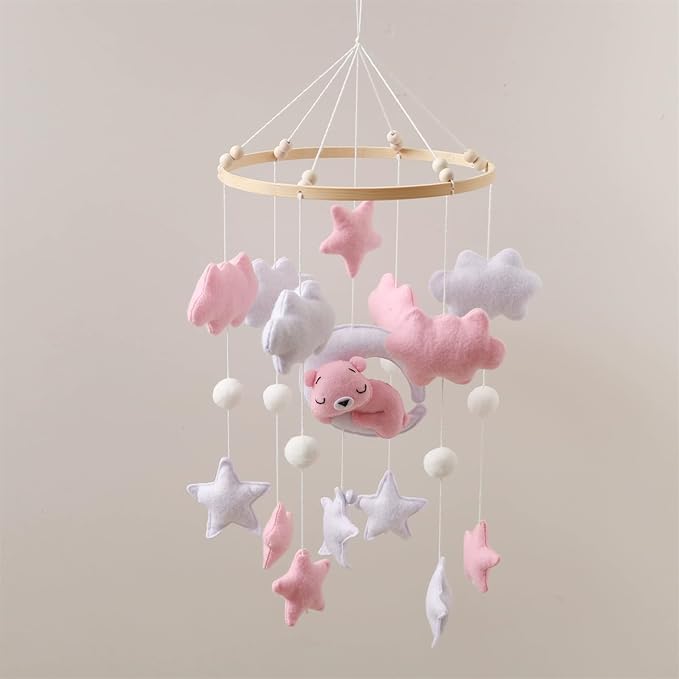 Baby Crib Mobile - Sleeping Bear Mobile for Crib, Felt Cloud Stars Nursery for Boys and Girls, Baby Nursery Hanging Decor (D)