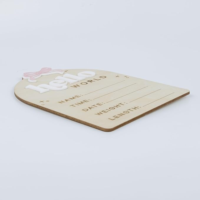 Baby Announcement Sign with Stand & Marker – Hello World Wooden Name Plaque for Newborn Photoshoot, Baby Shower, Rustic Keepsake Birth Stat Sign for Hospital Birth Announcement (Acrylic Ribbon)