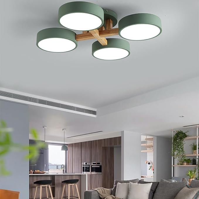 LED Flush Mount Ceiling Light Fixture with 3000K/4000K/6000K Temperatures Selectable,24Inch 44W Chandelier Modern Wood Ceiling Lamp for Bedroom Kitchen, 4-Lights Indoor Lighting Green Pendant Light