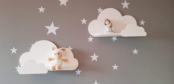 BugyBagy Cloud Wall Shelf – Decorative Wooden Floating Shelf for Nursery, Kids Room – Multiple Colors & Light Options (White Cloud Shelf Set of 2 – No Light)