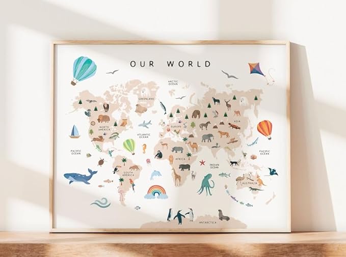 OZCONO Animal World Map Poster, Kids Educational Geography Decor, Safari Animals Nursery Art, Montessori Learning Wall Print (Unframed) (16x24)