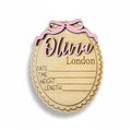 Personalized Baby Announcement Sign with Bow, Custom Wooden Name, Birth Stat Plaque – Scalloped Edge Newborn Photo Prop & Nursery Keepsake (Stat Sign)