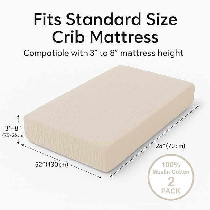 Organic Crib Sheets Large Size 52x28x9 Inches 2 Pack Beige Muslin Sheets, Gentle Baby Crib Bedding, Stretchy Fit for Rectangular & Oval Crib Mattress, No Shrink After Wash
