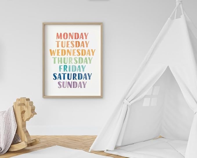 OZCONO Rainbow Days Week Poster, Colorful Learning Chart Kids, Preschool Wall Decor Art, Homeschool Education Guide (Unframed) (9x11)