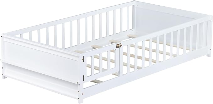 Floor Bed with Rails and Door Twin Size, Wood Montessori Floor Bed with Storage Bookcase, Kids Bed Frame with Fence for Boys Girls, White