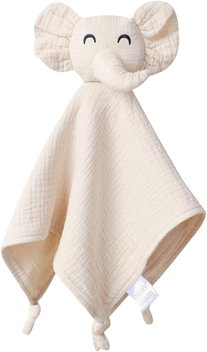 Organic Cotton Muslin Loveys for Babies,Security Blankets for Baby Lovey,Newborn Baby Gifts for Boys and Girls (Elephant-Khaki)