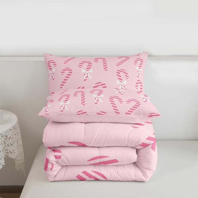 Feelyou Merry Christmas Comforter Set King Size Pink Candy Cane Bedding Set for Kids Boys Girls Bow Duvet Quilt Bedroom Decor Microfiber 3 Pcs with 2 Pillow Cases