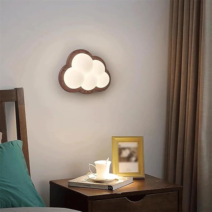 Cute Cloud Shaped Wall Sconce Kids Room Night Light Walnut Wood LED Three Color Dimmable Bedside Lamp for Children’s Bedroom Nursery Decor Lighting