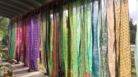 YILLE Boho Silk Sari Curtain Panel,1 Piece Vintage Handmade Lightweight Recycled Indian Silk Saree Window Drapes for Bohemian Living Room, Aesthetic Home Décor Wall Hanging - Beige, 84 X 43 in