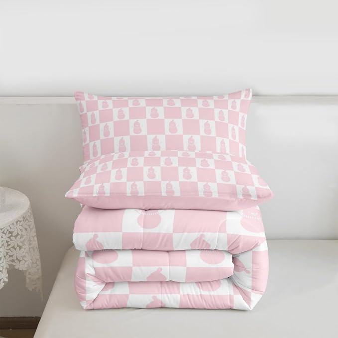 Feelyou Christmas Comforter Set Queen Size Checkered Bedding Set for Kids Boys Girls Snowman Duvet Quilt Xmas Decorations Bedroom Decor Pink Microfiber 3 Pcs with 2 Pillow Cases Soft Lightweight