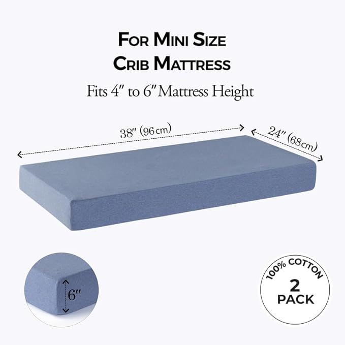 Dreamology Mini Crib Sheets for Boys,Girls,100% Cotton Crib Sheets,2 Pack,Baby Mattress Sheets,Pack and Play Sheets,Pack n Play Sheets,Crib Sheet,24 x 38 Mini Crib Sheets | Denim Blue and Sky Blue