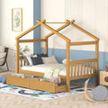 Harper & Bright Designs Twin Size House Bed with Two Drawers, Wooden Kids Twin Bed Frame with Storage, Roof Design, Natural