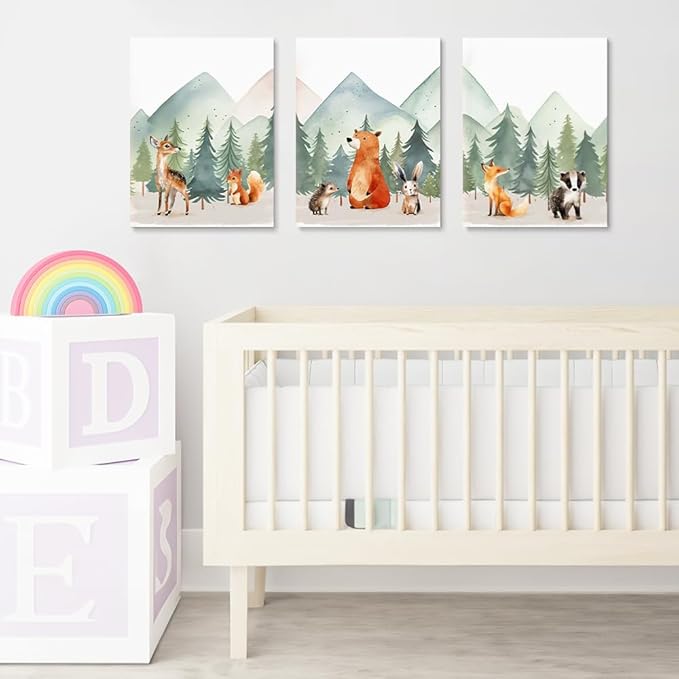 Forest Animals Mountain Adventure Nursery Decor, 3 Piece Watercolor Nusery Wall Art for Boys, Woodland Nursery Wall Decor, Baby Boy Girl Safari Room Wall Art, Framed Canvas, 16"x24"