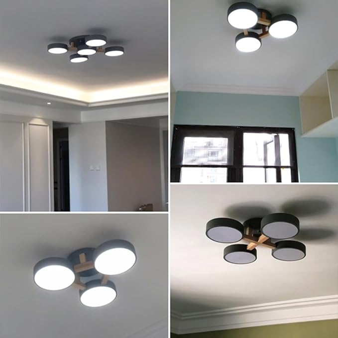 LED Flush Mount Ceiling Light Fixture with 3000K/4000K/6000K Temperatures Selectable,24Inch 44W Chandelier Modern Wood Ceiling Lamp for Bedroom Kitchen, 4-Lights Indoor Lighting Green Pendant Light