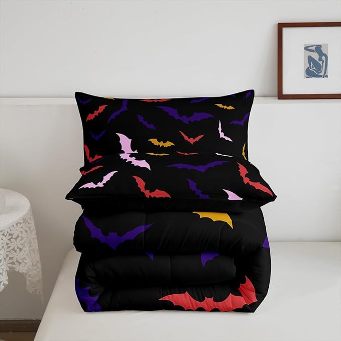 Erosebridal Bat Bedding Set King Size for Kids Children Happy Halloween Comforter Set Flying Bat Quilt Gothic Spooky Down Comforter with 2 Pillow Cases,Purple and Pink