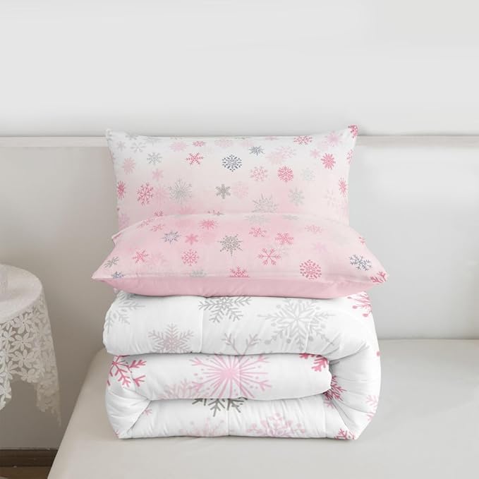 Feelyou Pink Snowflake Comforter Set Queen, Glitter Snowflake Comforter for Boys Girls Winter Theme Bedding Set Winter Holiday Duvet Set Decorative 3Pcs