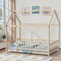 LLS Twin Montessori Bed Frame, Wooden House Bed with Fence and Roof, Floor Bed for Boys Girls Bedroom, Natural