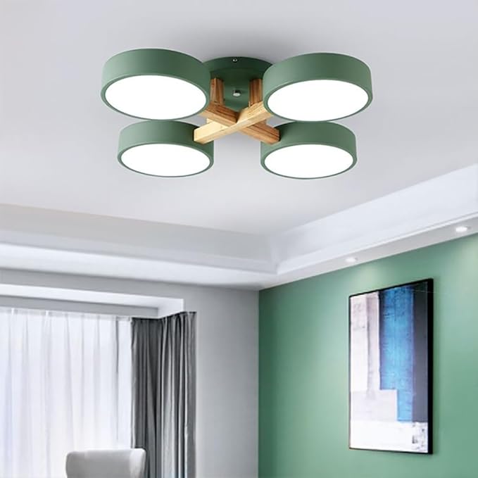 LED Flush Mount Ceiling Light Fixture with 3000K/4000K/6000K Temperatures Selectable,24Inch 44W Chandelier Modern Wood Ceiling Lamp for Bedroom Kitchen, 4-Lights Indoor Lighting Green Pendant Light