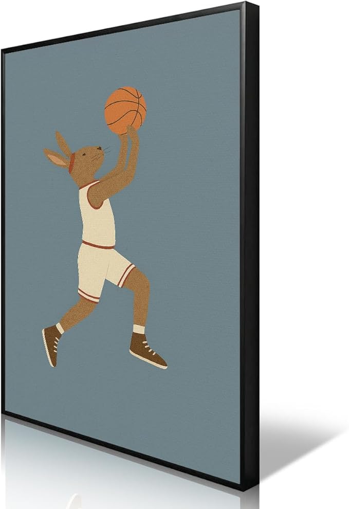 Basketball Canvas Wall Art, Nursery Animal Sports Posters, Bunny Rabbit Athletes Pictures, Positive Quote Print, Kids Bedroom Basketball Court & Hoop Decor 16x24in Wrapped Canvas
