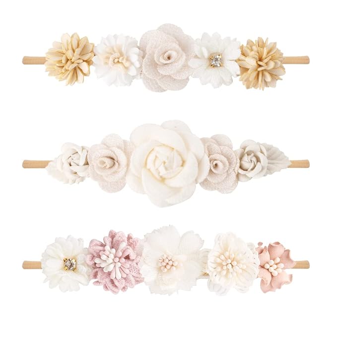 cherrboll 3pcs Baby Girl Flower Headbands, Super Soft & Stretchy Nylon Floral Hairbands for Newborn Toddler