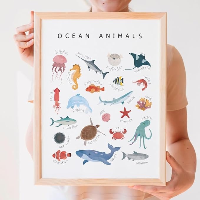 OZCONO Ocean Animals Learning Poster, Vibrant Sea Life Chart Kids, Preschool Wall Decor Art, Homeschool Education Guide (Unframed) (20x30)