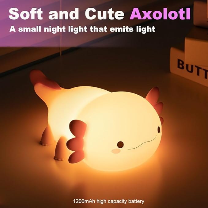 Night Light for Kids Bedroom, Animal Silicone Nursery Night Lamp Touch Nightlights USB Rechargeable Bedside Lamp for Baby Children Toddlers Girls Gift (Pink Axolotl +1)