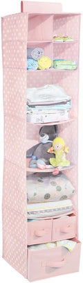 mDesign Fabric Hanging Organizer - Over Closet Rod Storage with 7 Shelves and 3 Removable Drawers for Baby Nursery Bedroom Organization - Holds Clothes, Toys, Accessories - Pink/White Polka Dot