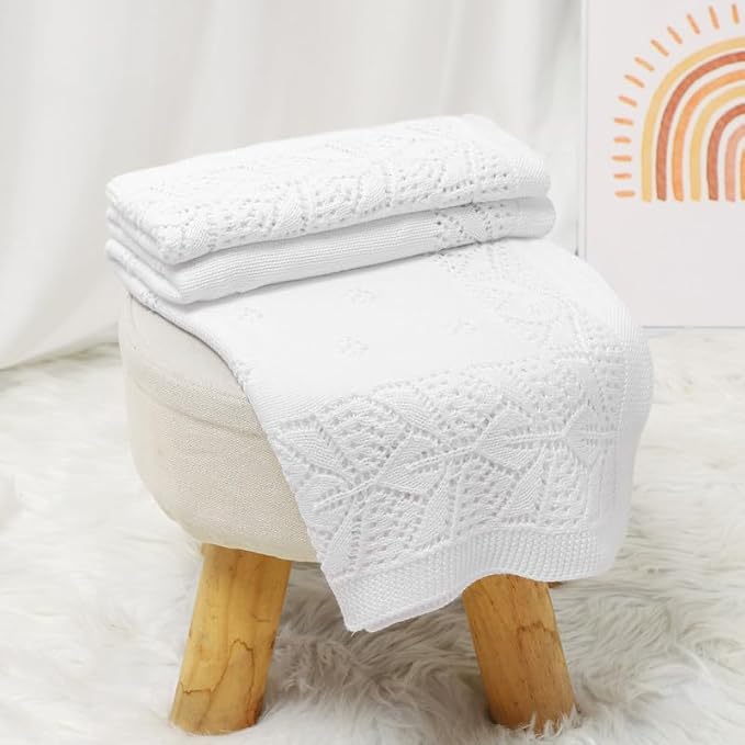 LAWKUL Cellular Blanket Baby 100% Cotton Knitted Soft Knit Crochet Blankets for Newborn Boy Girls Infants White 100x80cm