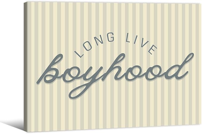 Long Live Boyhood Quote Wall Art Preppy Blue Stripe Poster 12x16 inch Framed Modern Fashion Minimalist Canvas Prints for Boy Nursery Bedroom Wall Decor