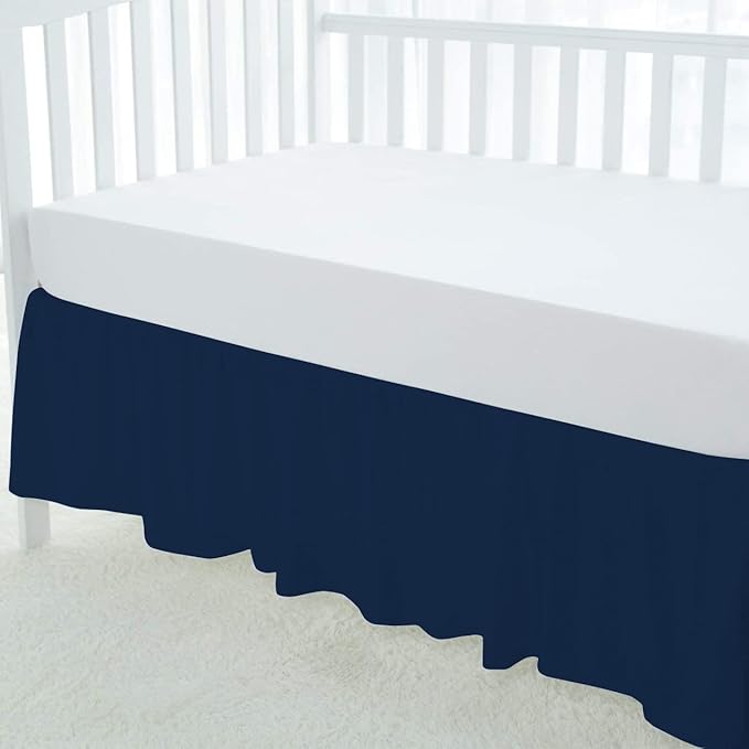 100% Egyptian Cotton, Nursery Crib Toddler (28" x 52" + 16") 800 Thread Count Crib Skirt Dust Ruffle, Bedding Skirts for Baby Boys or Girls, 16" Drop, Navy Blue Solid