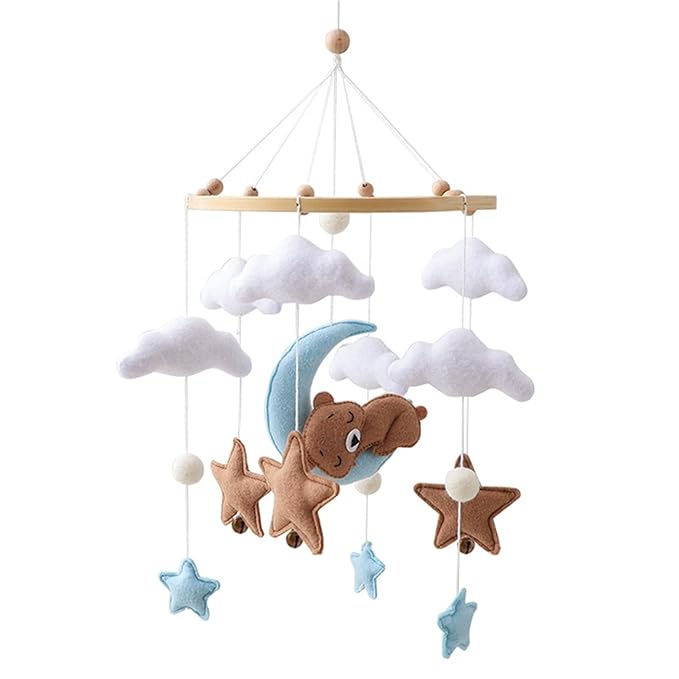 Baby Crib Mobile - Sleeping Bear Mobile for Crib, Felt Cloud Stars Nursery for Boys and Girls, Baby Nursery Hanging Decor (A)