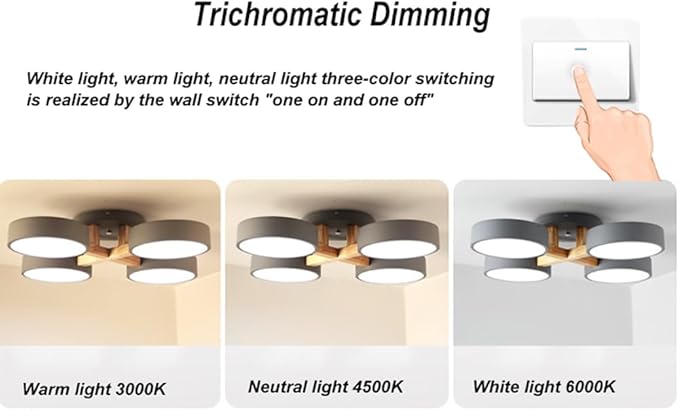 LED Flush Mount Ceiling Light Fixture with 3000K/4000K/6000K Temperatures Selectable,24Inch 44W Chandelier Modern Wood Ceiling Lamp for Bedroom Kitchen, 4-Lights Indoor Lighting Grey Pendant Light
