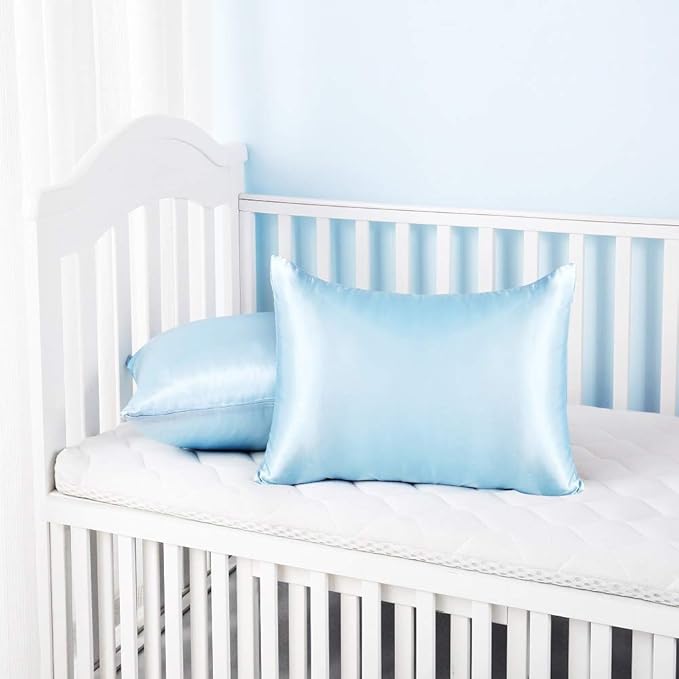 Silky Satin Toddler Pillowcases Set of 2, Super Soft Travel Pillow Covers, Small Kids Pillow Cases with Envelope Closure, 13"x 18", Light Blue