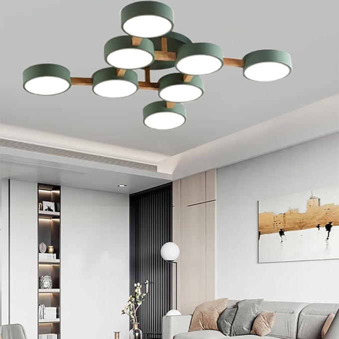 LED Flush Mount Ceiling Light Fixture with 3000K/4000K/6000K Temperatures Selectable,44Inch 96W Chandelier Modern Wood Ceiling Lamp for Bedroom Kitchen, 8-Lights Indoor Lighting Green Pendant Light