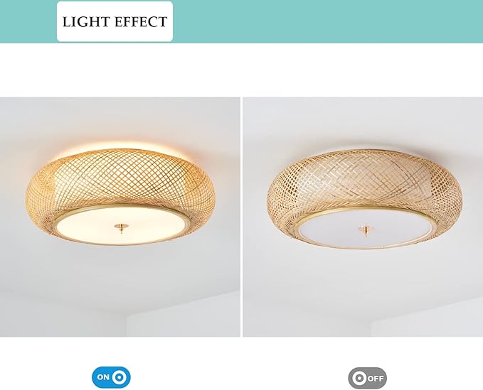 Bamboo Flush Mount Ceiling Light Handwoven Rattan Light Fixture, 3 Lights Boho Ceiling Lamp for Bedroom, Living Room (23-inch)