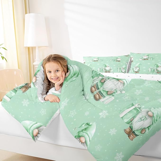 Feelyou Green Christmas Comforter Set All Season Scandinavian Christmas Santa Gnomes Bedding Set with 1 Pillow Cases Xmas Snowflake Kids Twin Bedclothes Bedroom Decor Breathable Soft