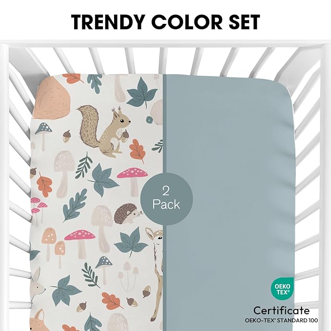 Little Grape Land Crib Sheets for Boys and Girls, Soft Microfiber Fitted Baby Crib Sheet Set for Standard Crib and Toddler Mattress, Snug & Durable (Woodland Animals)