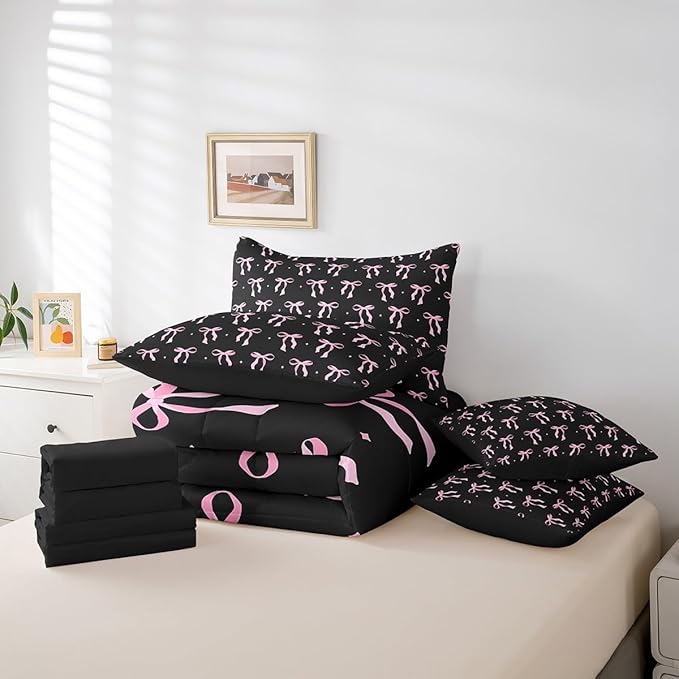 7 Pieces Pink Bowknot Kids Comforter Queen,Stars Watercolor Bow Tie Patchwork Bedding Set,Butterfly Knot Princess Black Noble Chic（Comforter+Fitted+Flat Sheet+2 Pillowcases+2 Throw Pillow Covers）