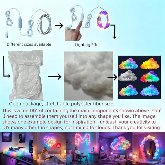 LED Cloud Light with Music Rhythm, 2025 New Cloud Lights for Ceiling,Bedroom,Gaming Room, Music-Sync Dynamic Lighting Effect, Cool Stuff for Boys, For Ceiling Bedroom Office Party (78.7in LED light)