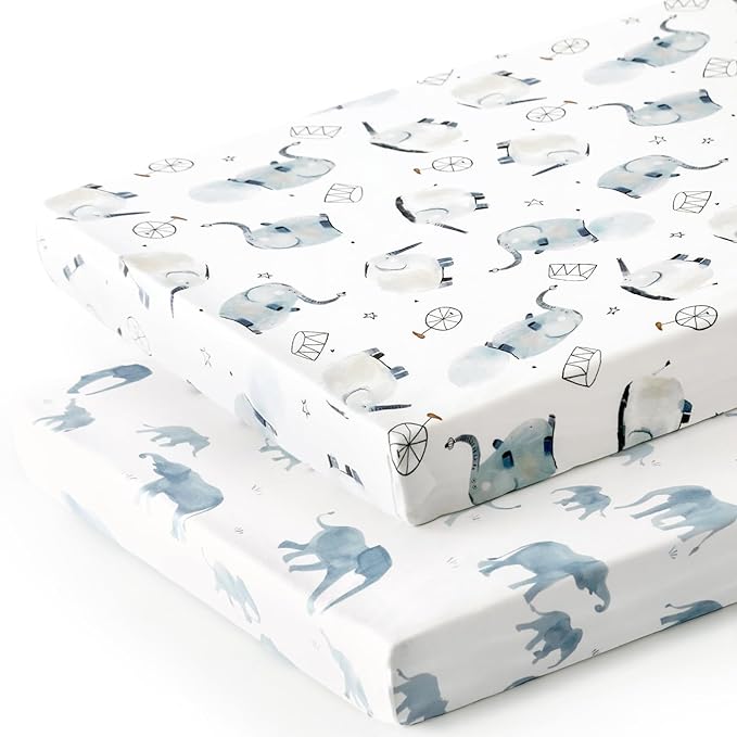 Pack n Play Sheets Fitted 2 Pack, Stretchy Ultra Soft Jersey Knit Pack and Play Sheets, Universal Fitted Portable/Mini Crib Mattresses Snug and Safe, Cute Elephant Print for Boys and Girls